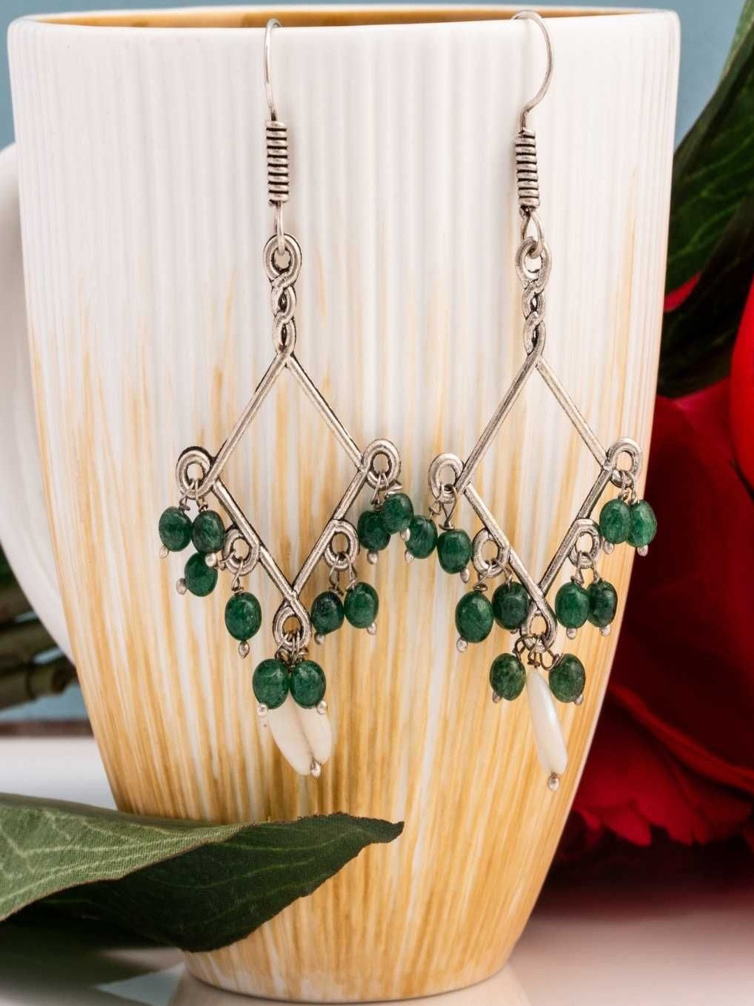 Shrim jewels Mother Of Pearls Beaded Diamond Shaped Oxidised Drop Earrings