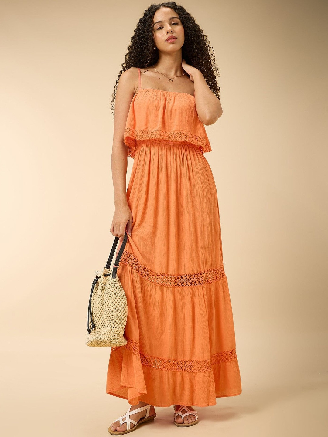 Outzidr Women Noodle Strap Tired Cotton Maxi Dress