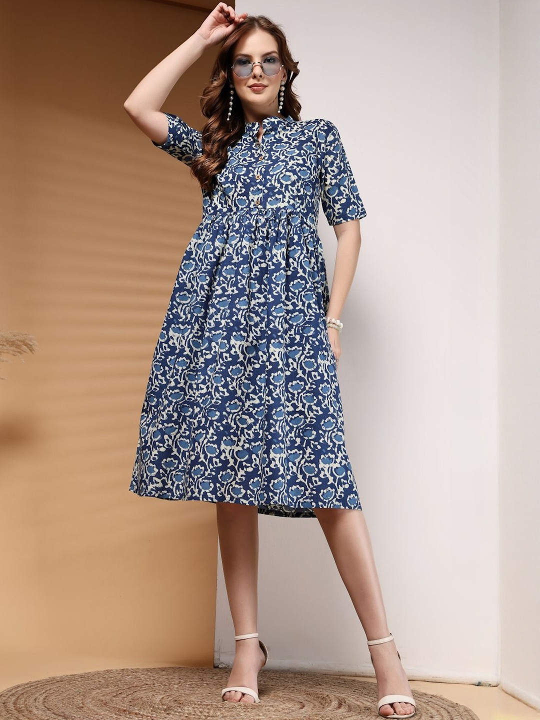 HERE&NOW Women Teal Floral Print Cotton Short Sleeves Mandarin Collar Dresses