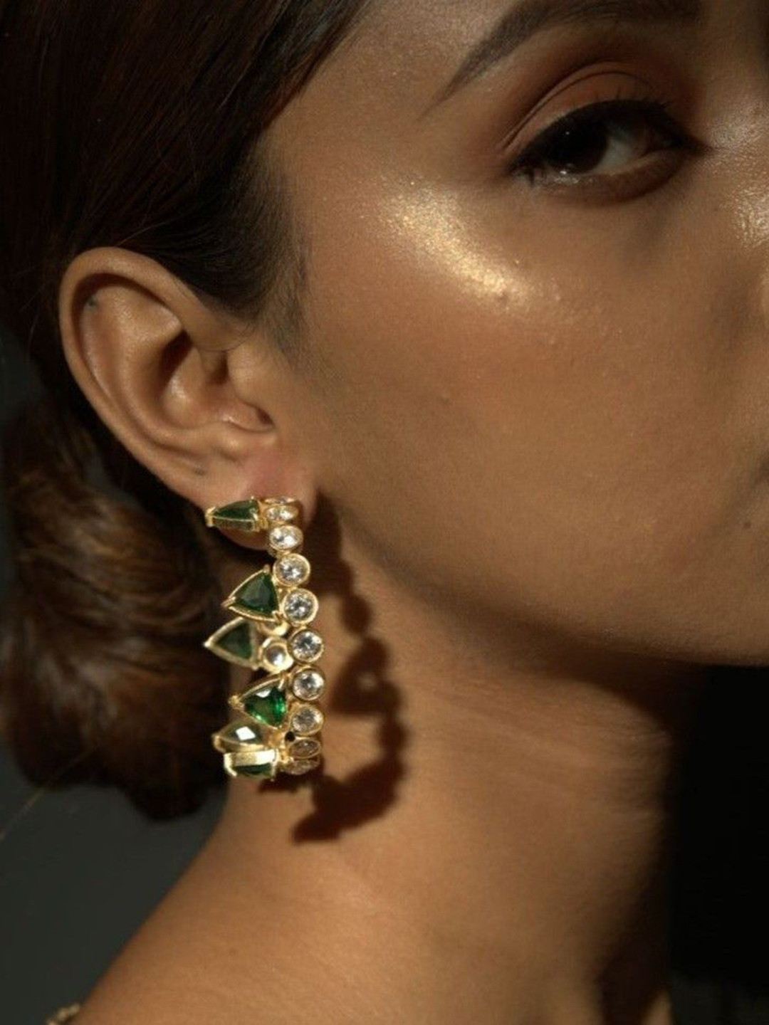 THE BLING GIRLL Gold-Plated Artificial Stones Studded Contemporary Half Hoop Earrings