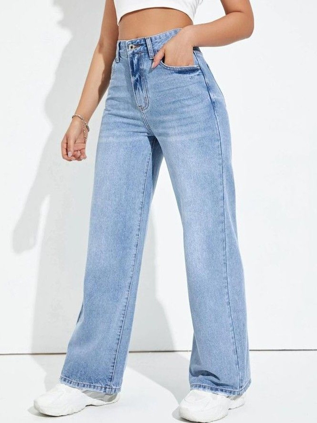 Ds Fashion Women Wide Leg High-Rise Light Fade Denim Jeans