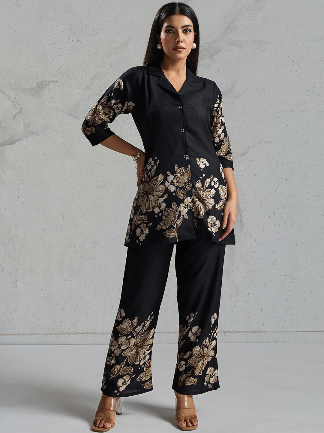 Ekta Textiles Printed Shirt Collar Top With Palazzos