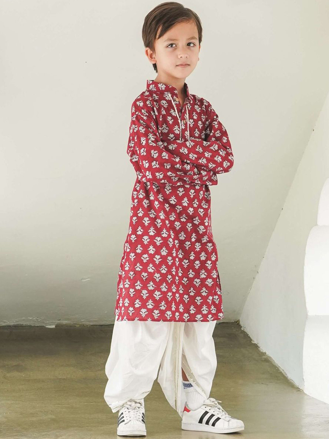 NIMBU Boys Floral Printed Cotton Kurta with Dhoti Pants
