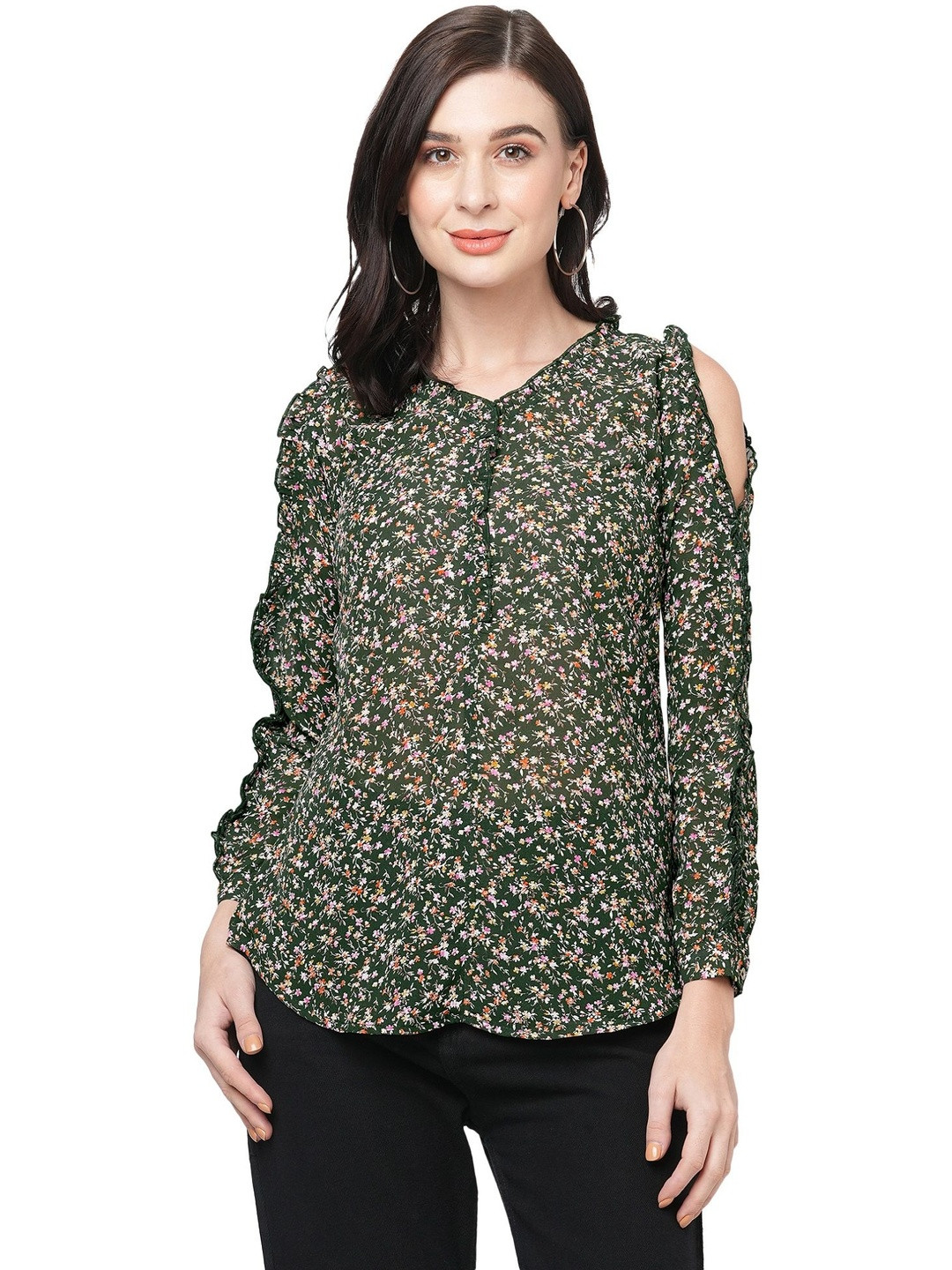 G0-4 IT Women Floral Printed Cold-Shoulder Ruffles Top
