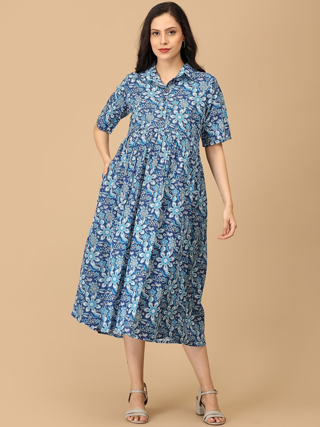 The Mom Store Floral Printed Shirt Collar Gathered or Pleated Maternity A-Line Midi Dress