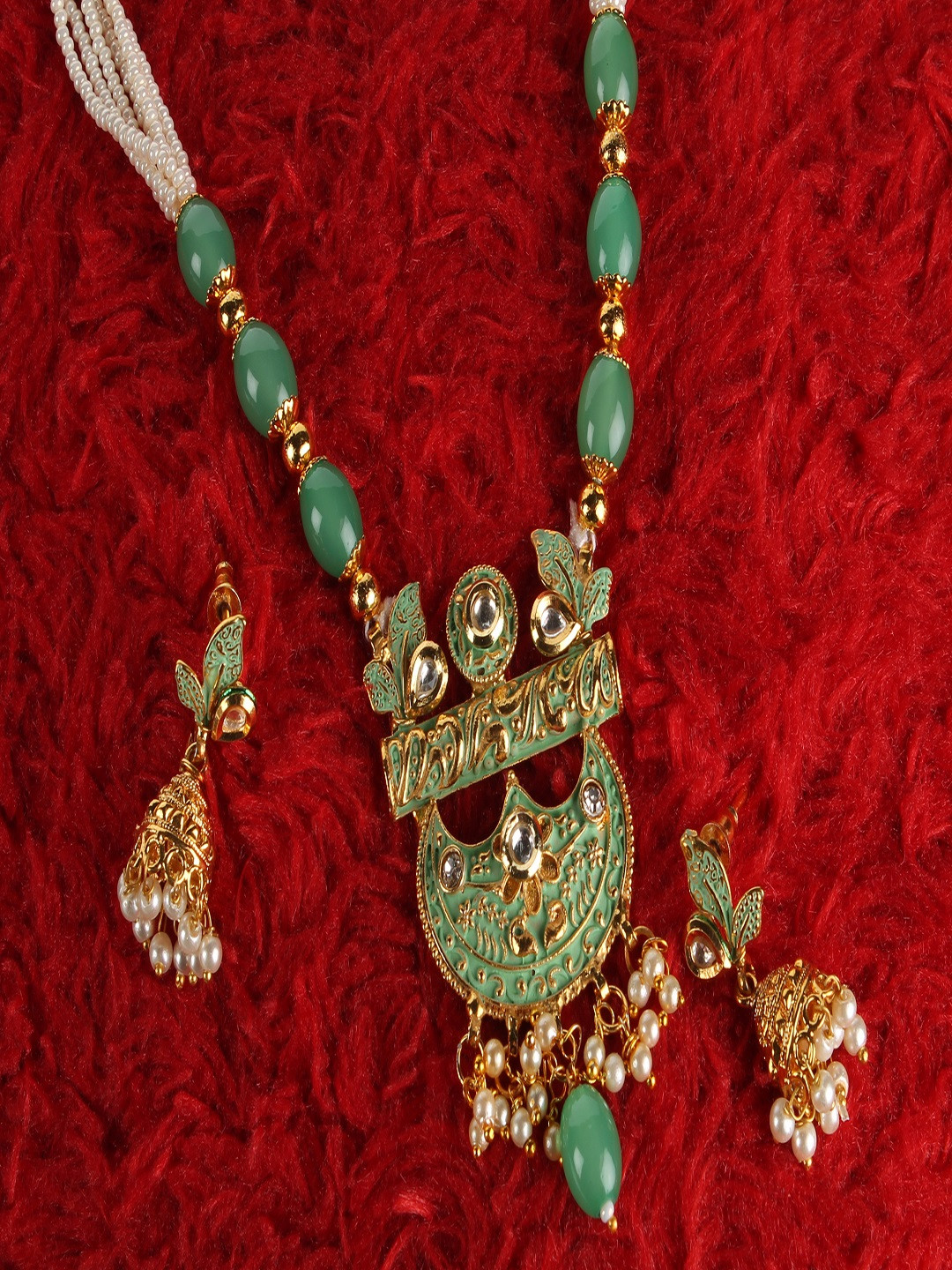 Kord Store Green Gold Plated Lariyat Meenakari Chand Shape Necklace & Jhumka Earrings Set