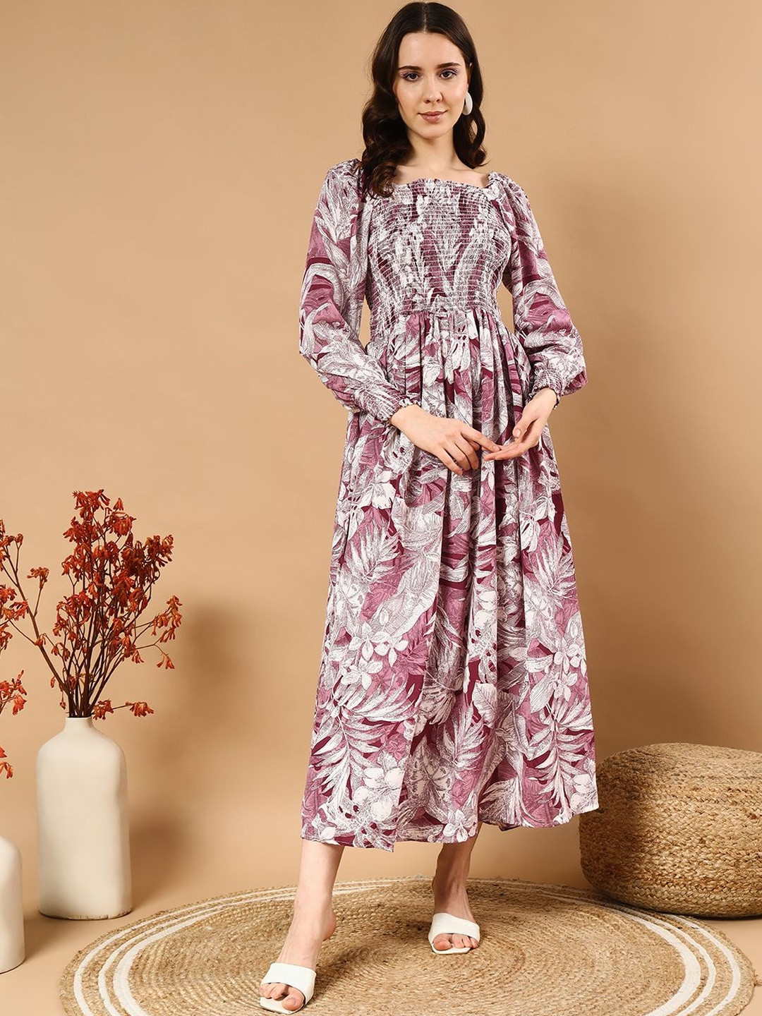 FIXOCRA Women Square Neck Floral Print Smocked Detail Fit & Flare Midi Dress