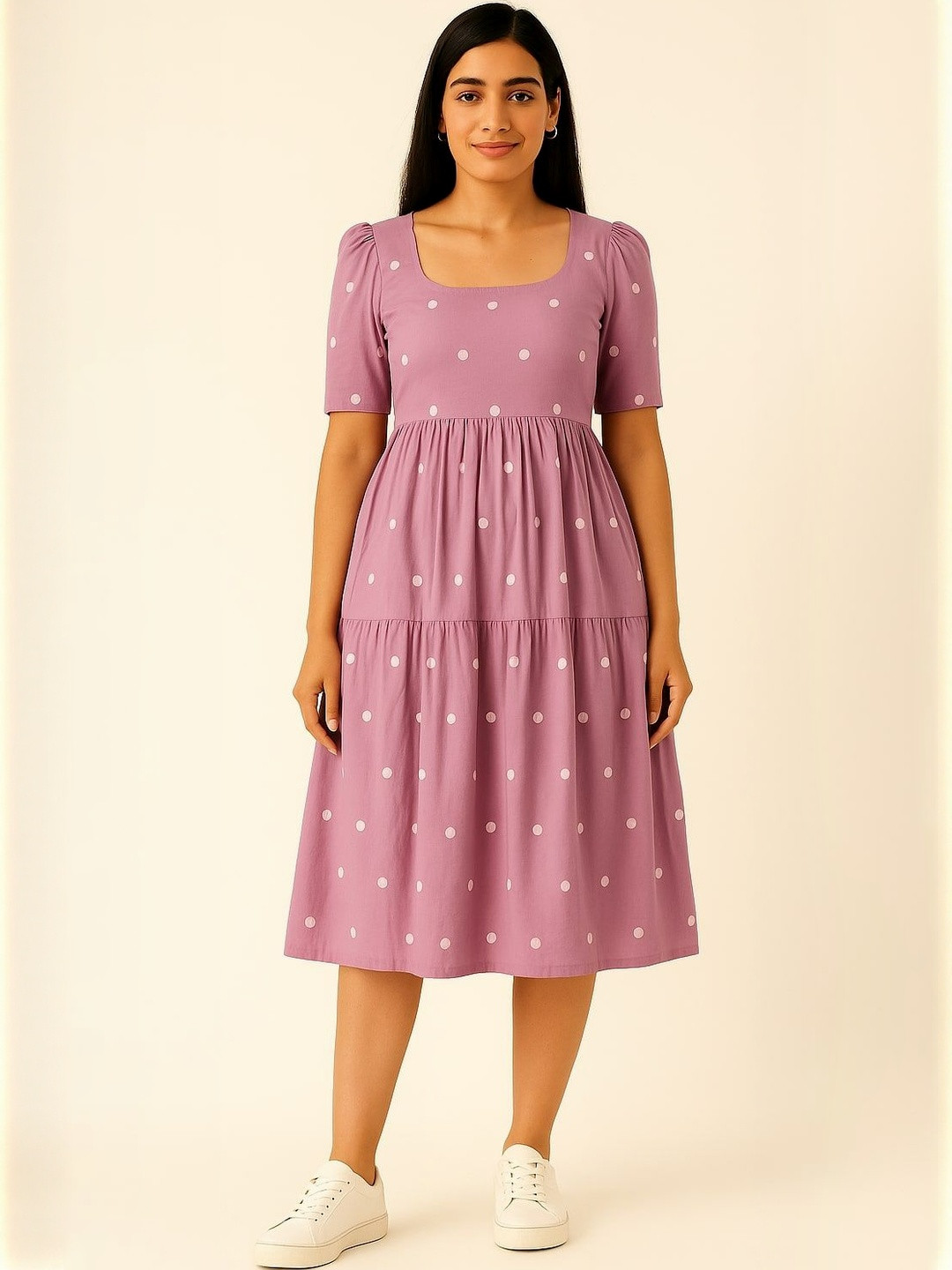 THE WHITE FEATHERS Women Polka Dot Printed Fit and Flare Dress