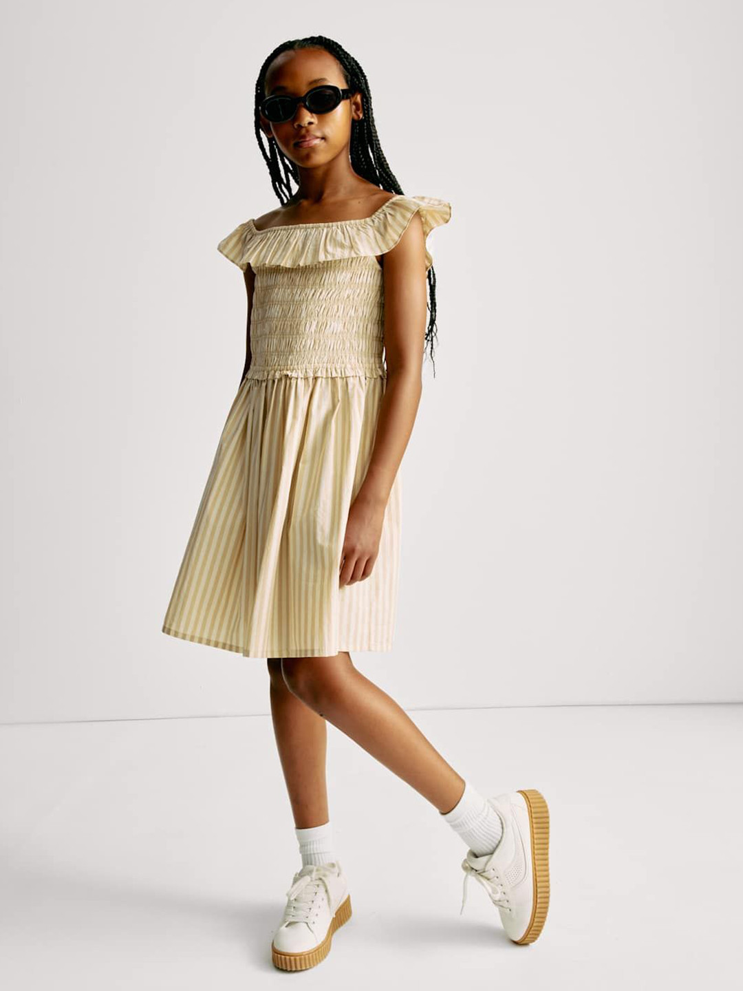 Marks & Spencer Girls Off-Shoulder Smocked Ruffles Sleeveless Fit & Flare Above Knee Dress