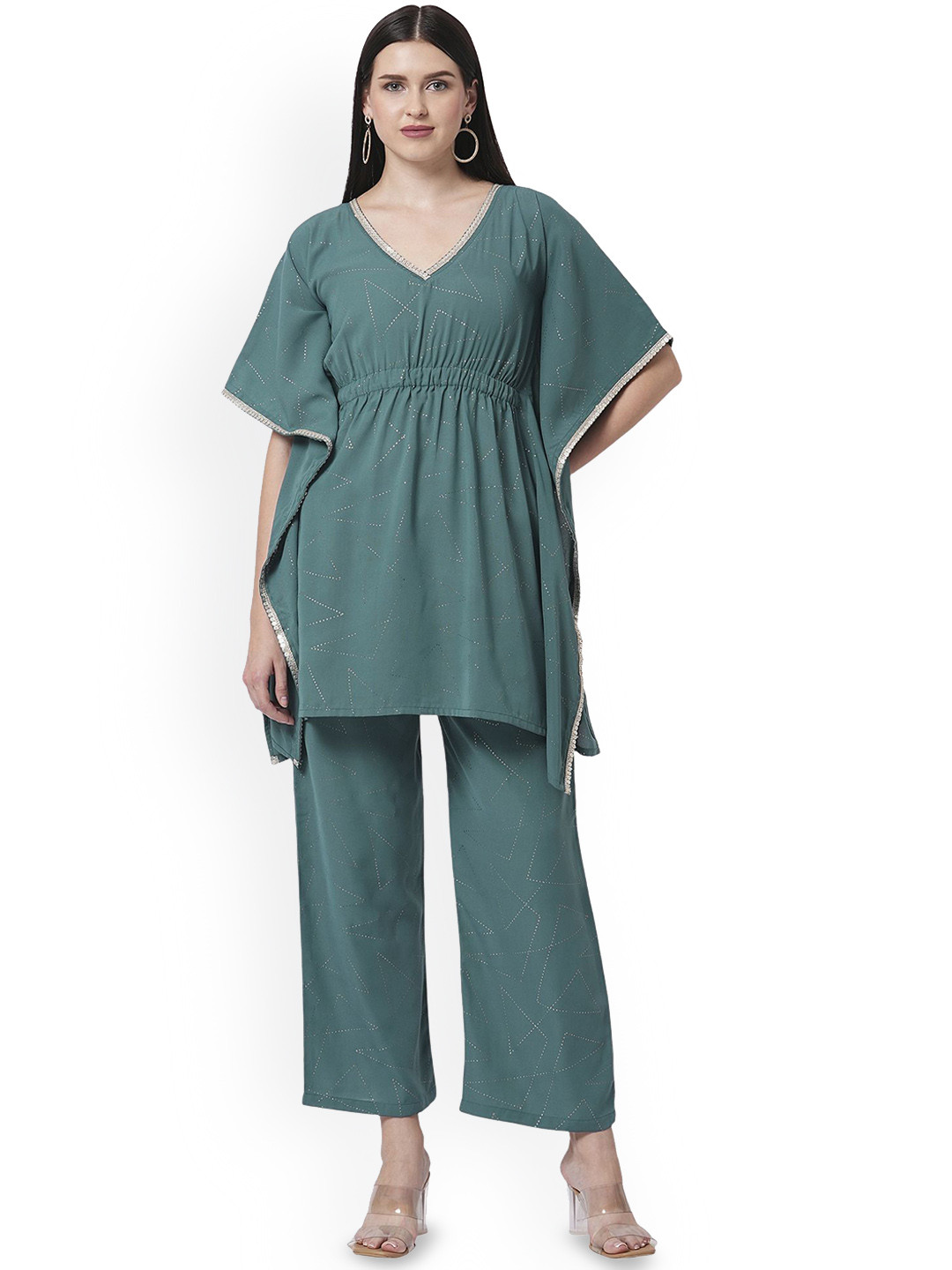 G0-4 IT Self Design V-Neck Kaftan Tunic With Trousers