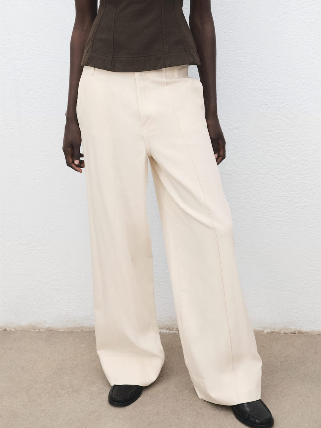 MANGO Women Wide Leg Twill Weave Trousers