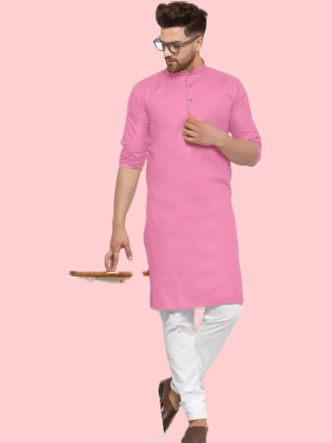 ANUJ FASHION Men Pink Solid Cotton Mandarin Collar Ethnic Long Sleeves Straight Kurtas