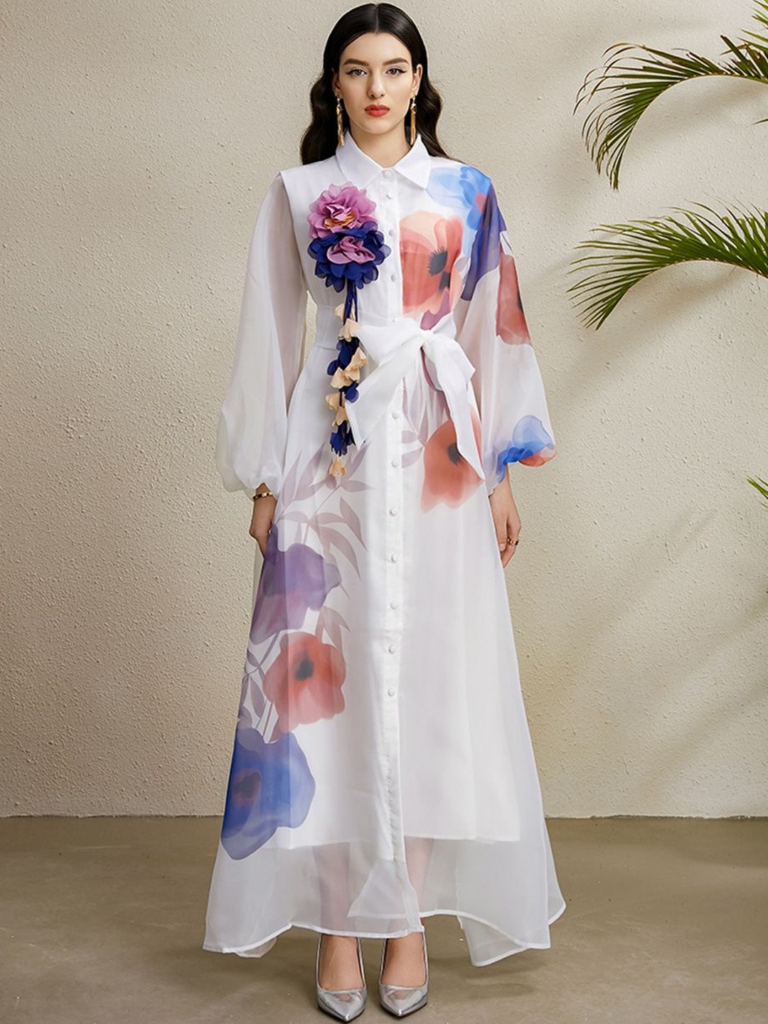 JC Collection Women Floral Print Puff Sleeve Applique Shirt Collar Maxi Dress