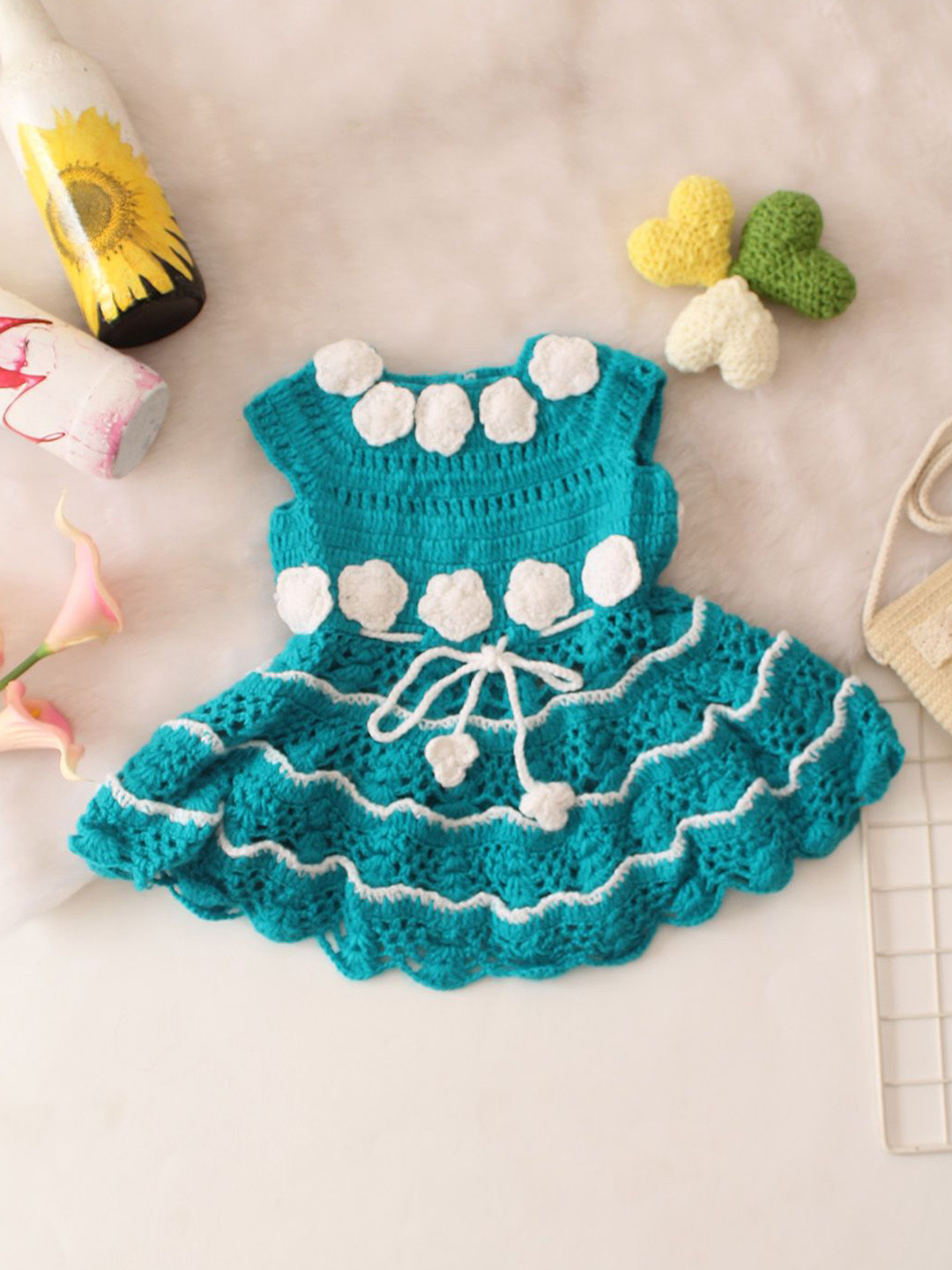 Woonie Girls Floral Garland Crochet Colourblocked Fit & Flare Dress