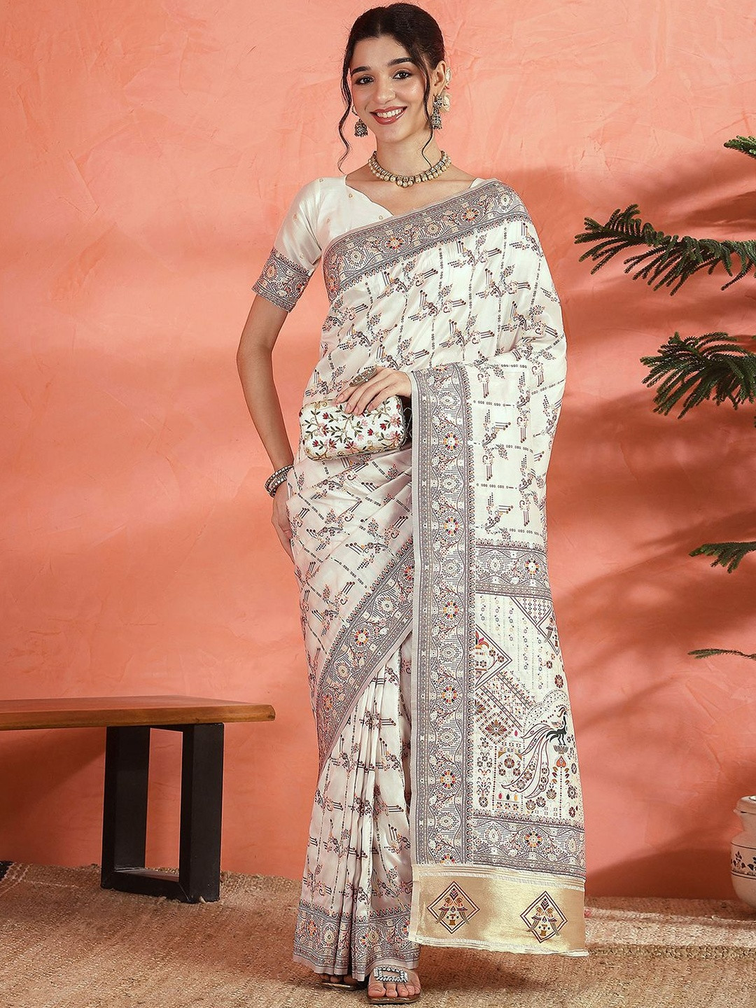 Sangria Womens Off White Woven Design Saree With Unstiched Blouse Piece