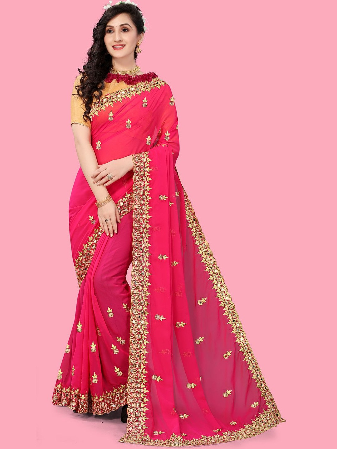 Prettyage Pink Poly Georgette Embroidered Banarasi Sarees