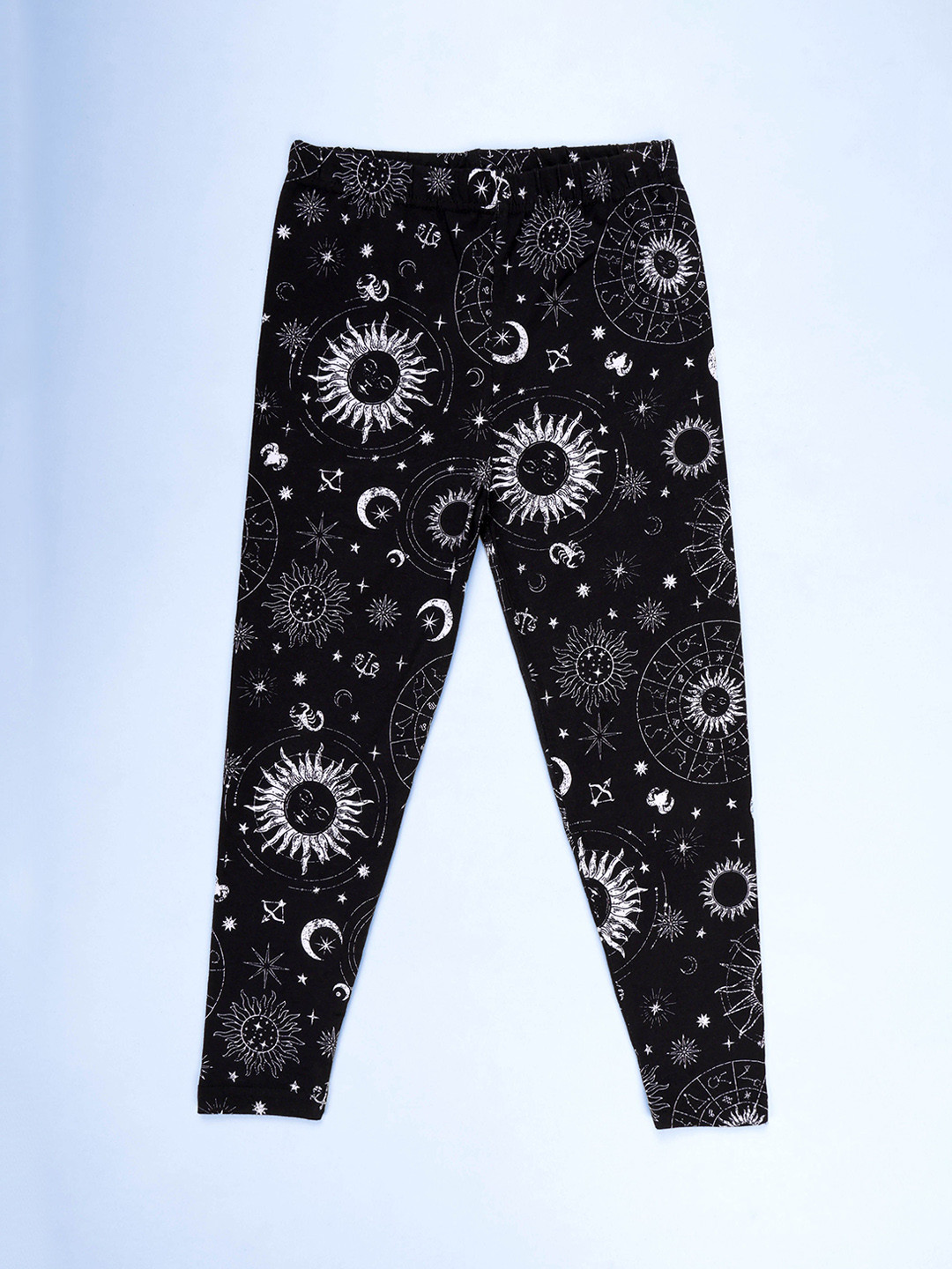 KiddoPanti Girls Cosmic Sun Moon Stars Printed Ankle Length Leggings