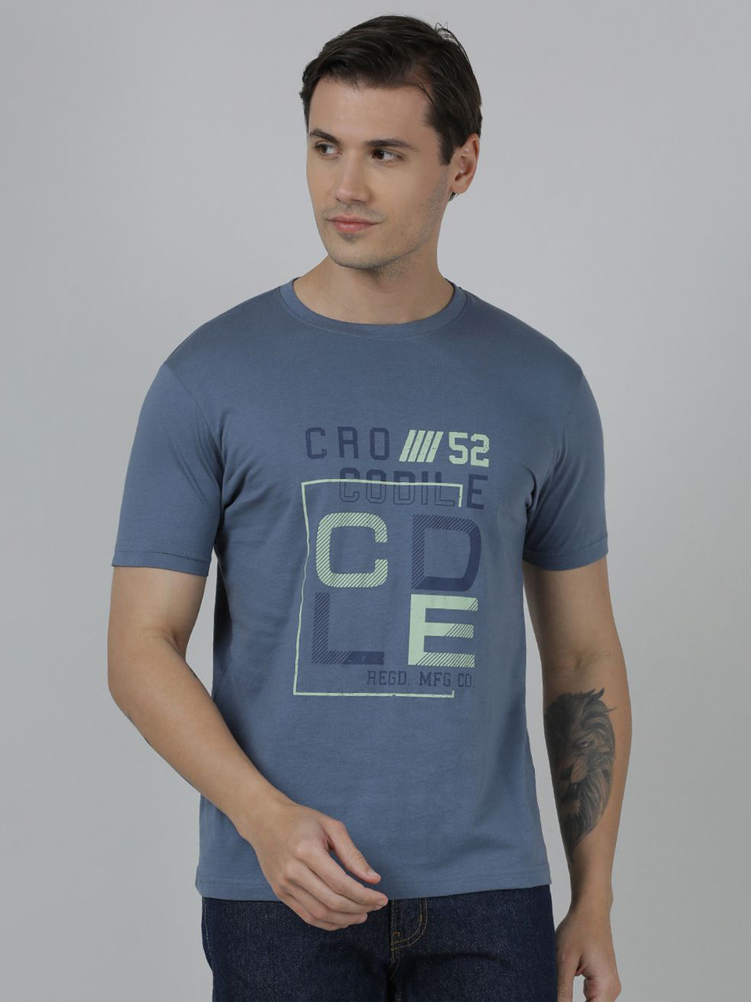 Crocodile Men Typography Printed Round Neck Cotton Slim Fit T-shirt
