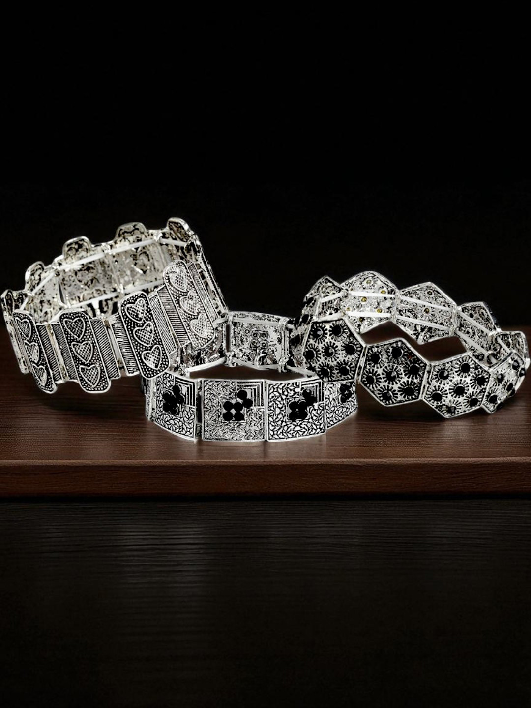 Kord Store Set of 3 Women Silver-Toned & Black Oxidised Charm Bracelet