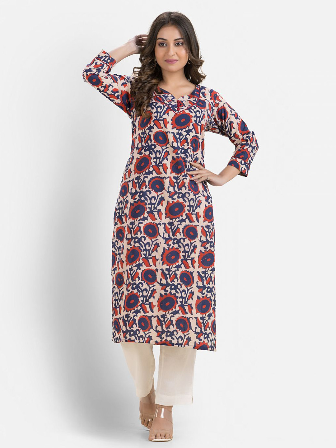 Crazy Needle Floral Printed Round Neck Cotton Kurta