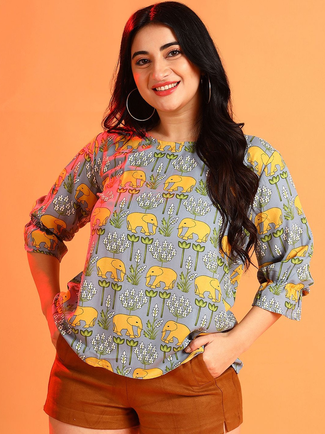 Instafab Plus Women Conversational Printed Round Neck Bell Sleeves Regular Top