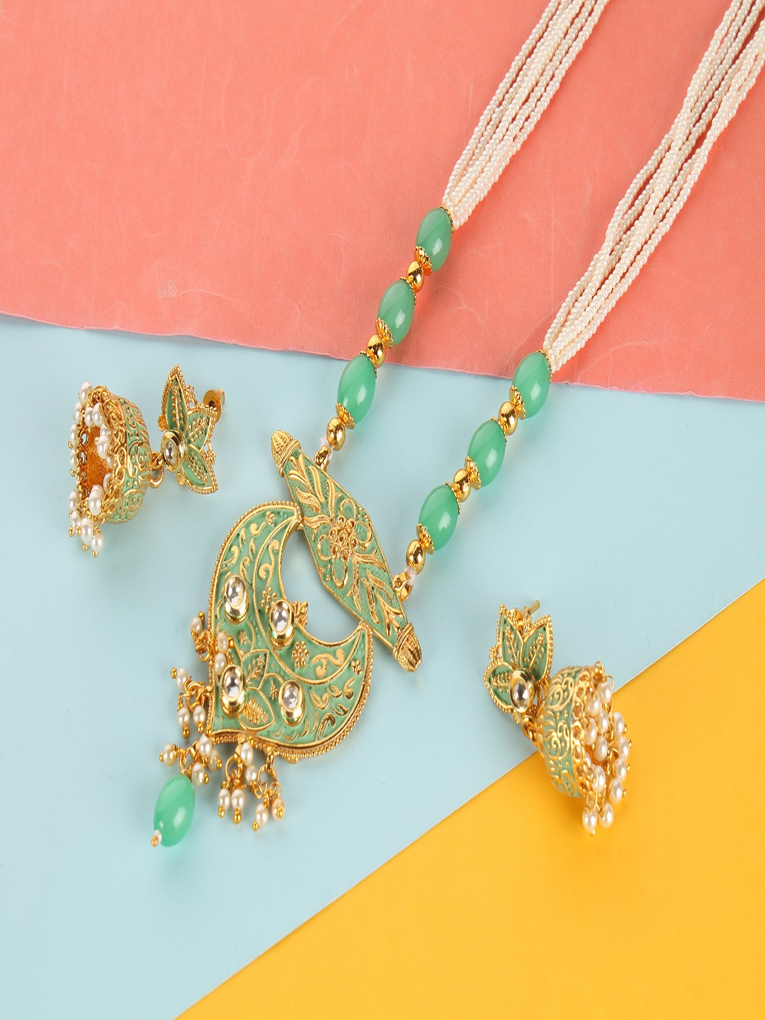 Kord Store Green Gold Plated Chand Shape Lariyat Haram Necklace & Jhumka Earrings Set