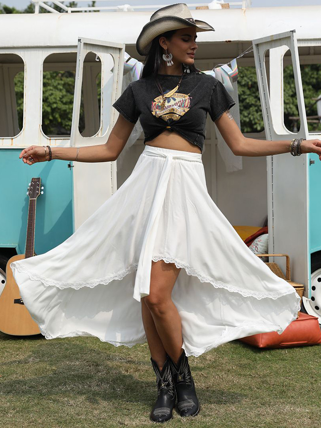 JC Mode Women Flared Scallop Lace High-Low Midi Skirt