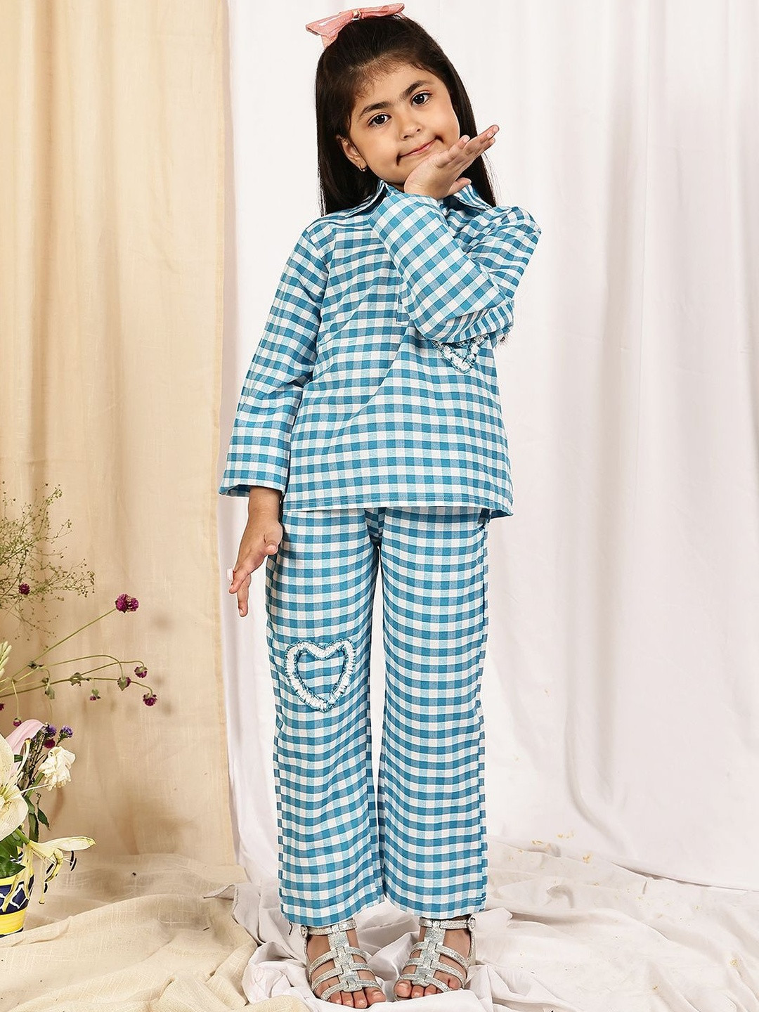 YK Girls Cotton Checked Top and Trouser Set