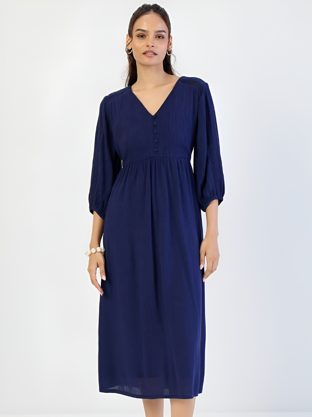 FEMMELLA Women Self Design V-Neck Fit and Flare Midi Dress