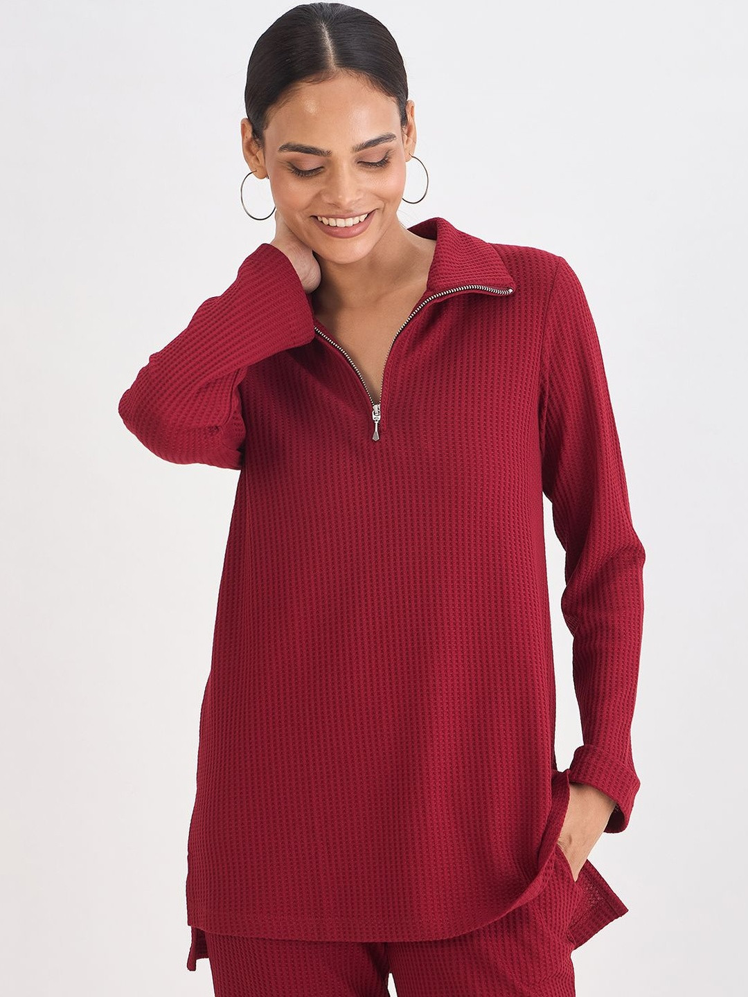 FEMMELLA Women Textured Shirt Collar Longline Regular Tops