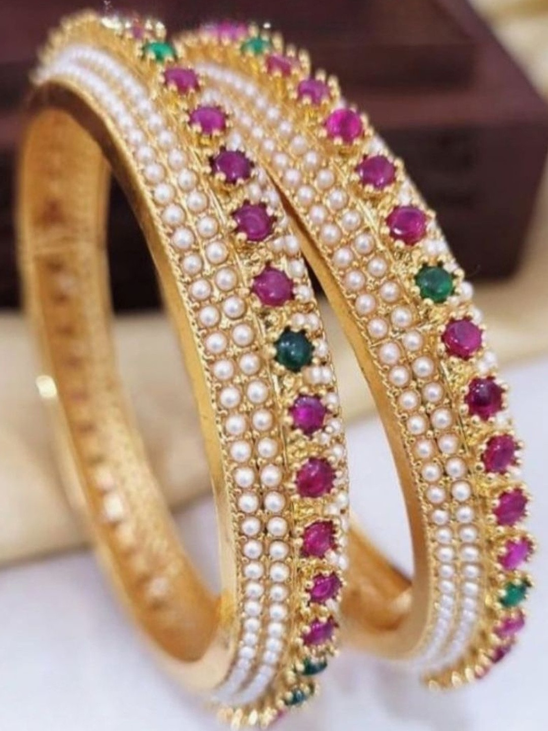 MANKAIROOP Women Gold Plated Pearl & Ruby Emerald Stone Bangles