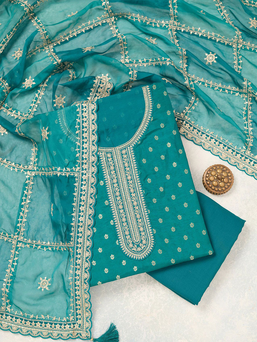 Koskii Rama Green  Floral Woven Design Zariwork Gold Chinon  Unstitched Dress Material