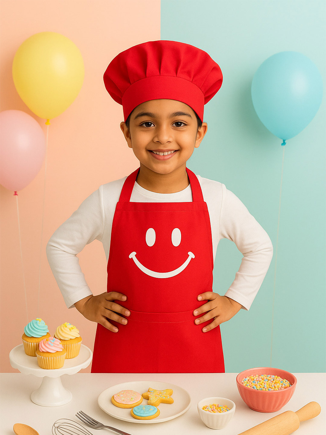 SWITCHON Kids Red & White Smiley Printed Waterproof Apron With Elasticated Cap