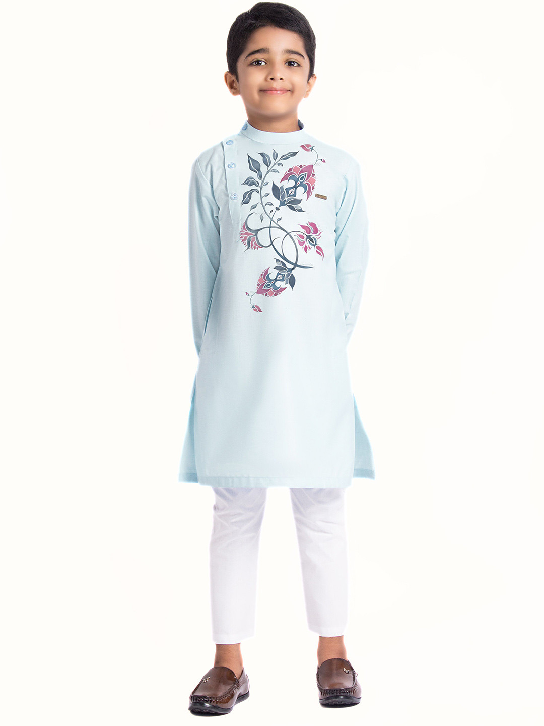 DEVOILER Boys Floral Printed Mandarin Collar Cotton Straight Kurta