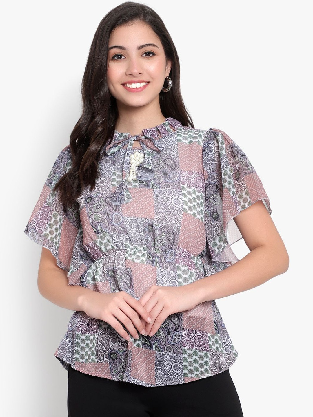 HERE&NOW Women Print Halter Neck Georgette Short Top