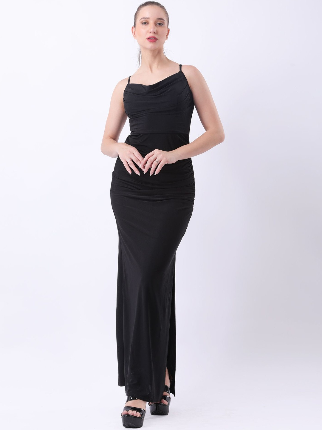 Fashion Gaiia Women Cowl Neck Ruched Maxi Gown