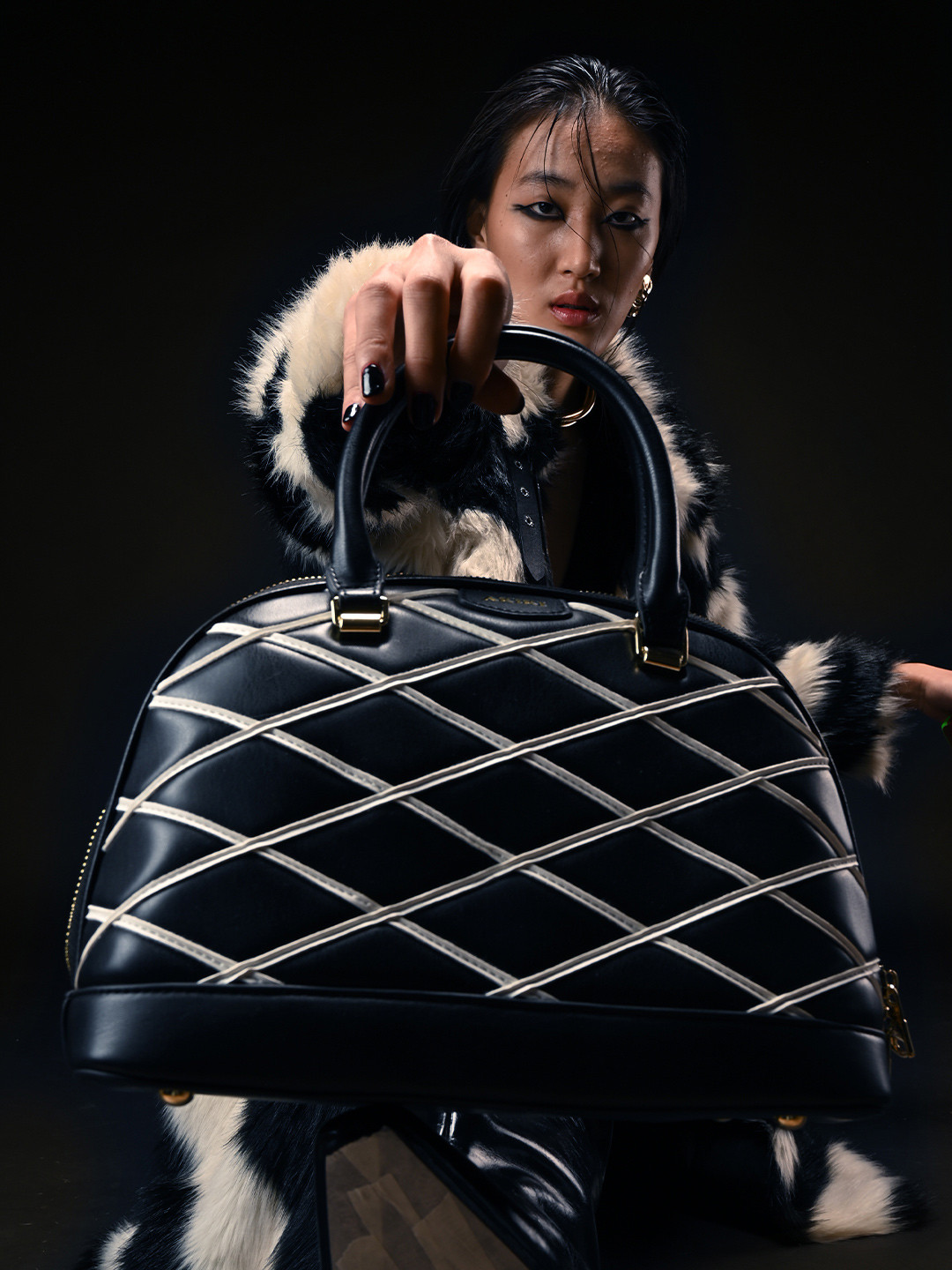 Akiki London Textured Structured Satchel With Cut Work