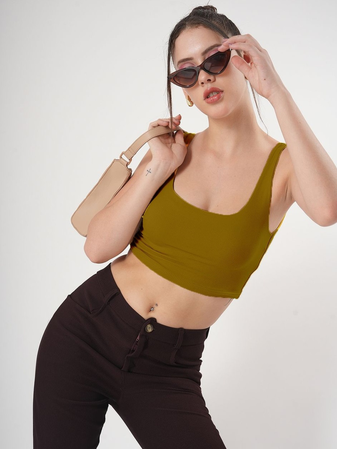 Olive Green Ribbed Sleeveless Square Neck Crop Top