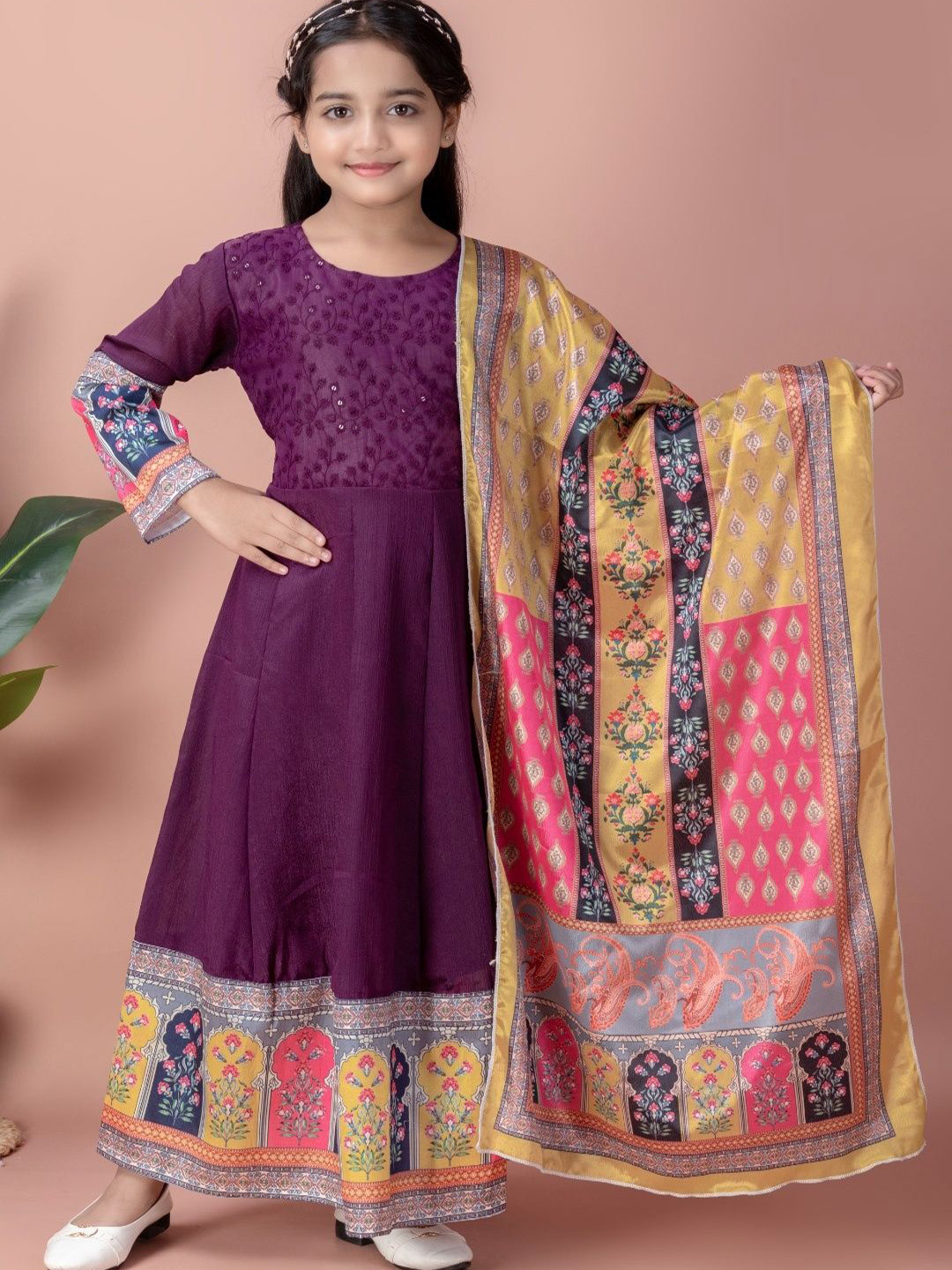 BARKAT DESIGNING PLANET Girls Round Neck Floral Embroidered Long Sleeves Maxi Dress