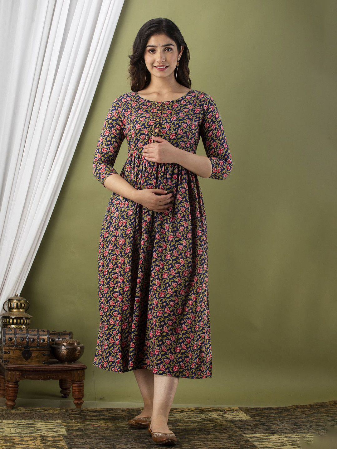 Ashvy Women Ethnic Motifs Printed Pure Cotton Maternity Fit and Flare Ethnic Dress