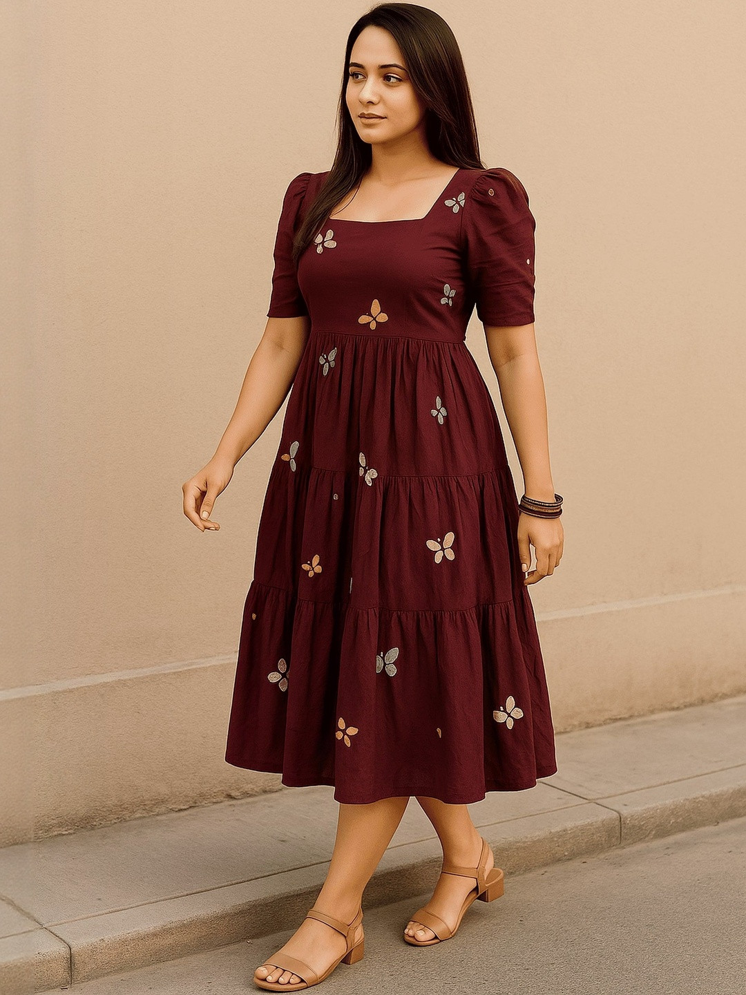 THE WHITE FEATHERS Ethnic Motifs Printed Embroidered Fit and Flare Midi Dress