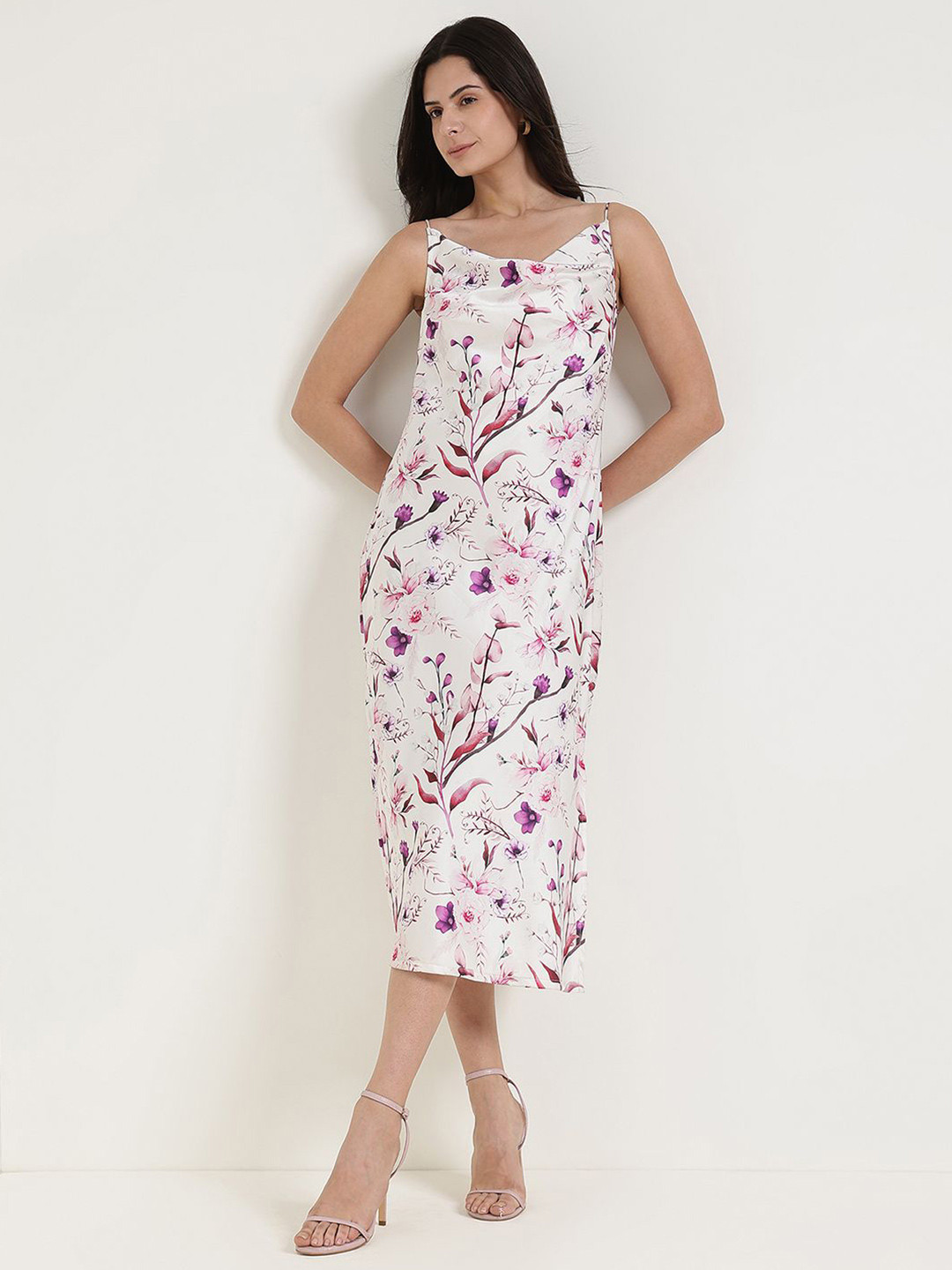 FableStreet White And Purple Floral Slip Dress