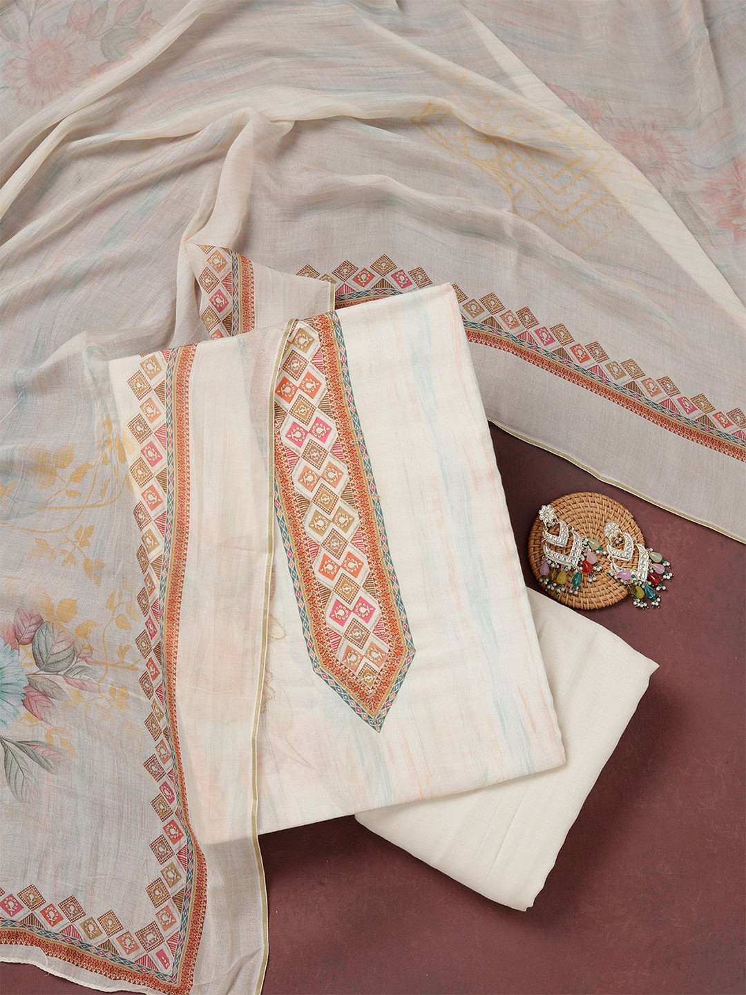 Koskii Cream Geometric Printed Zariwork Gold Chinon Unstitched Dress Material