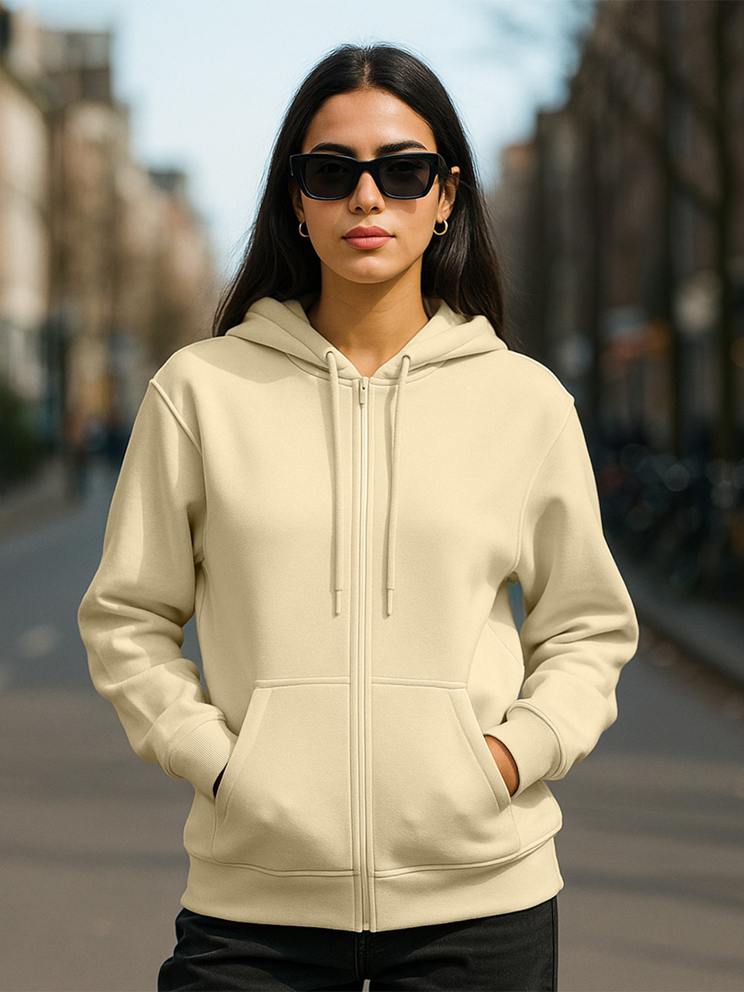 JUNEBERRY Women Beige Solid Cotton Fleece Regular Fit Hooded Bomber Jacket