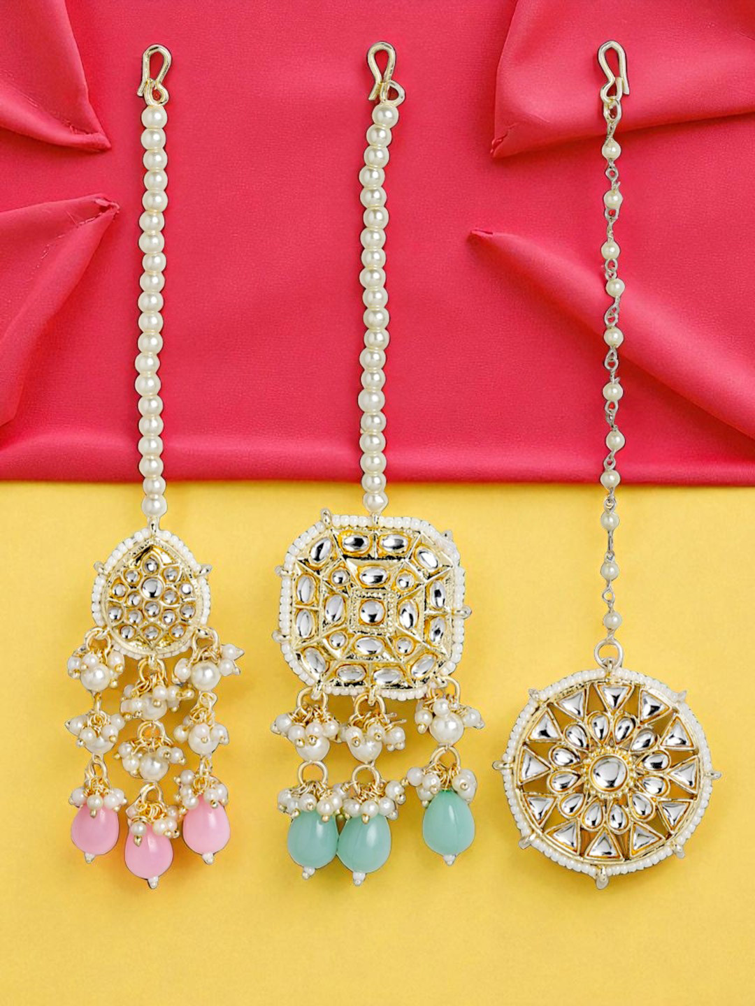 Kord Store Set of 3 Gold-Plated Stone-Studded Beaded Maang Tikas