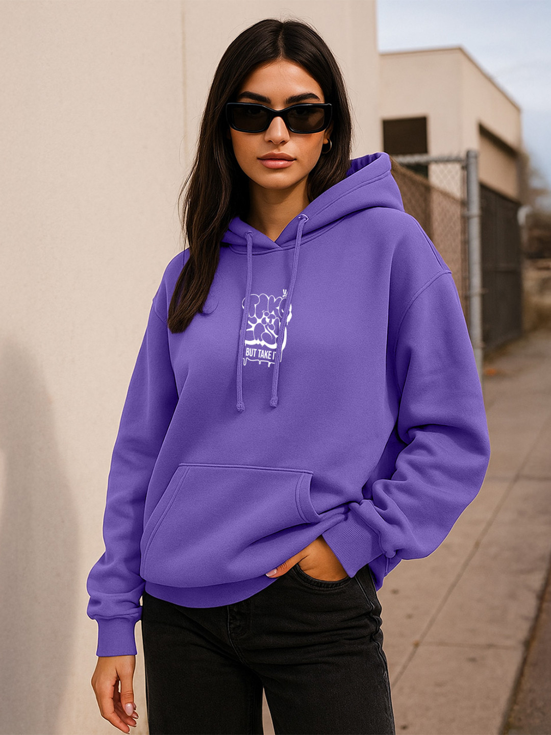JUNEBERRY Women Purple Graphic Printed Cotton Fleece Hooded Pullover Oversized Sweatshirt