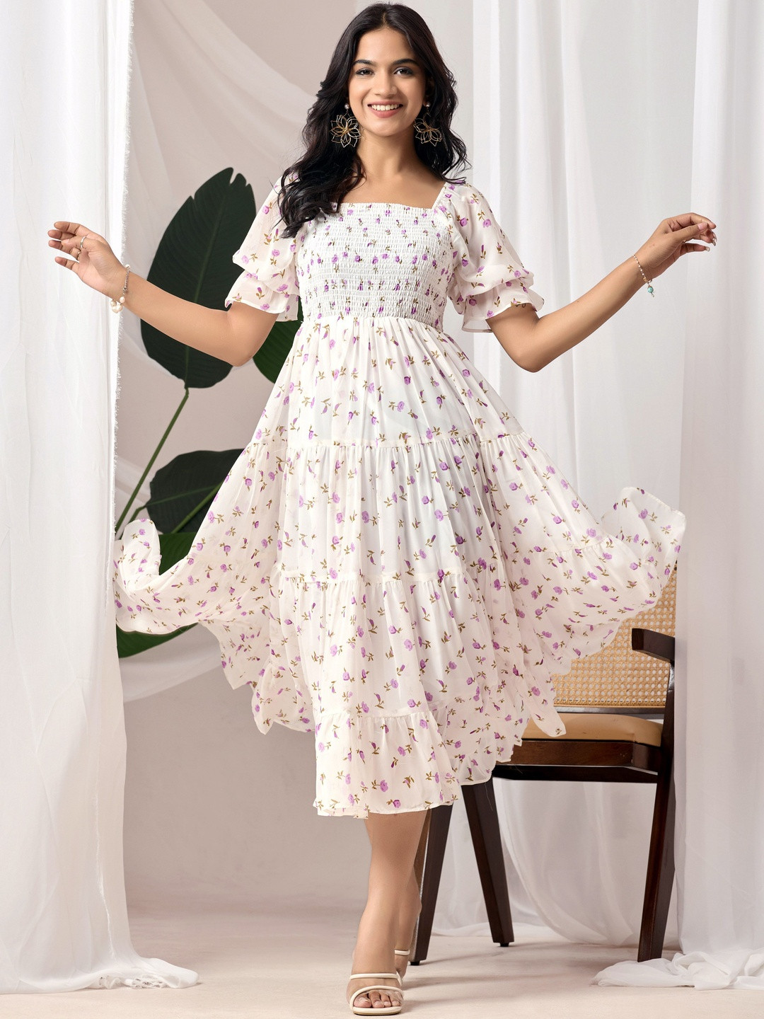 Ironic Creation Women Floral Printed Smocked Georgette Fit and Flare Midi Dress