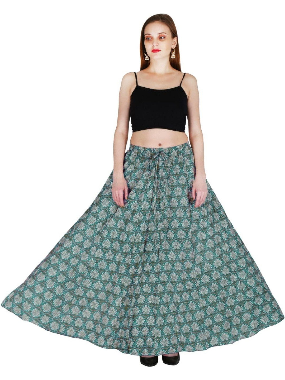 Sttoffa Women Green Floral Print Drawstring Waist Pure Cotton Printed Maxi Skirt