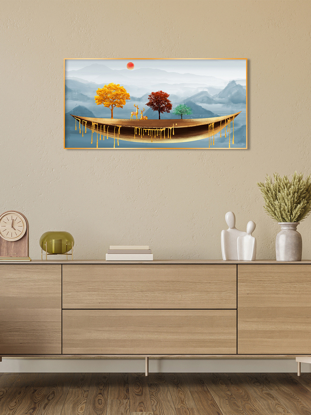 THE NEXT DECOR Golden Landscape Colored Line Tree Glass Finish Wall Art