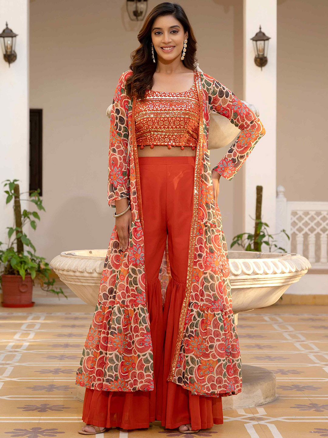 TextileNow Embellished Square Neck Top & Sharara With Shrug